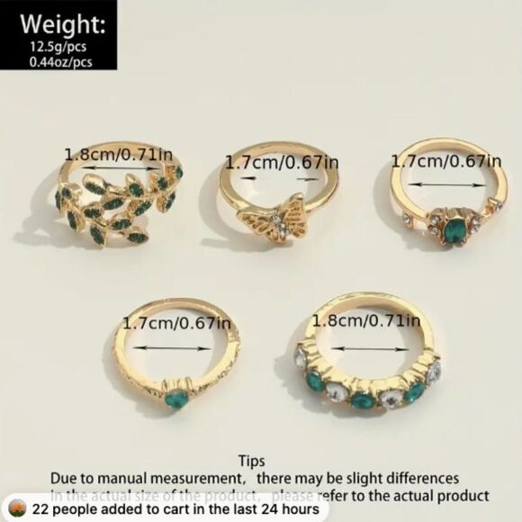 🔅🆕🔅✨BoHo 5pcs Rhinstones Emerald Green 💚Ring Sets✨ - Picture 4 of 6